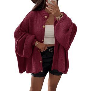Women's Wine Red Oversized Cardigans Button Down Chunky Fall Sweater Coats